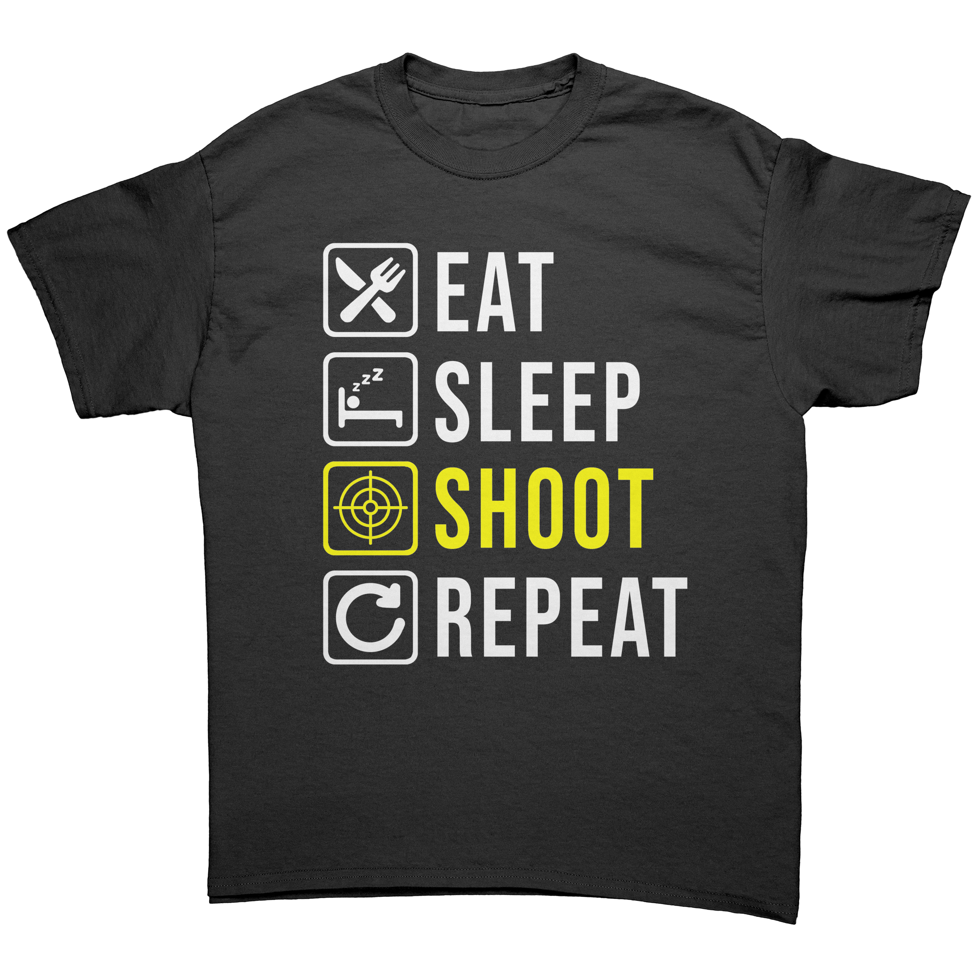 Eat_Sleep_Shoot_Repeat_T-Shirt_Black_Front_Mockup.png