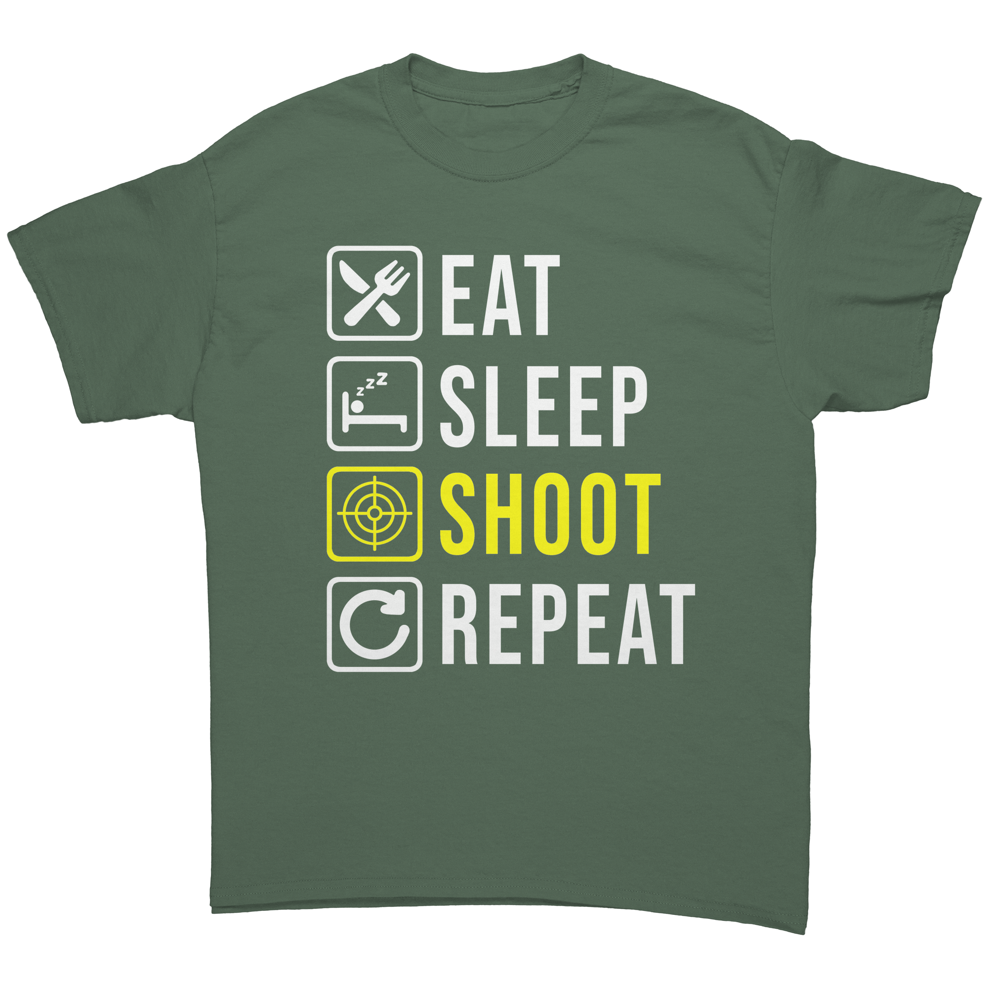 Eat_Sleep_Shoot_Repeat_T-Shirt_Military_Green_Front_Mockup.png
