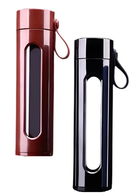 Glass Water Bottle with Portable Double Cup Lid