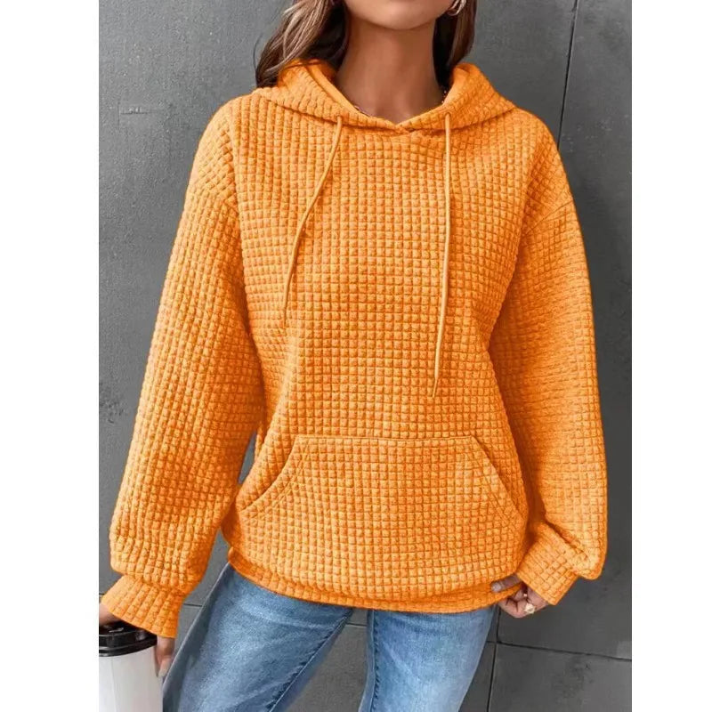 Women’s Oversized Waffle Sweatshirt with Drawstring Hood – Comfort Meets Style