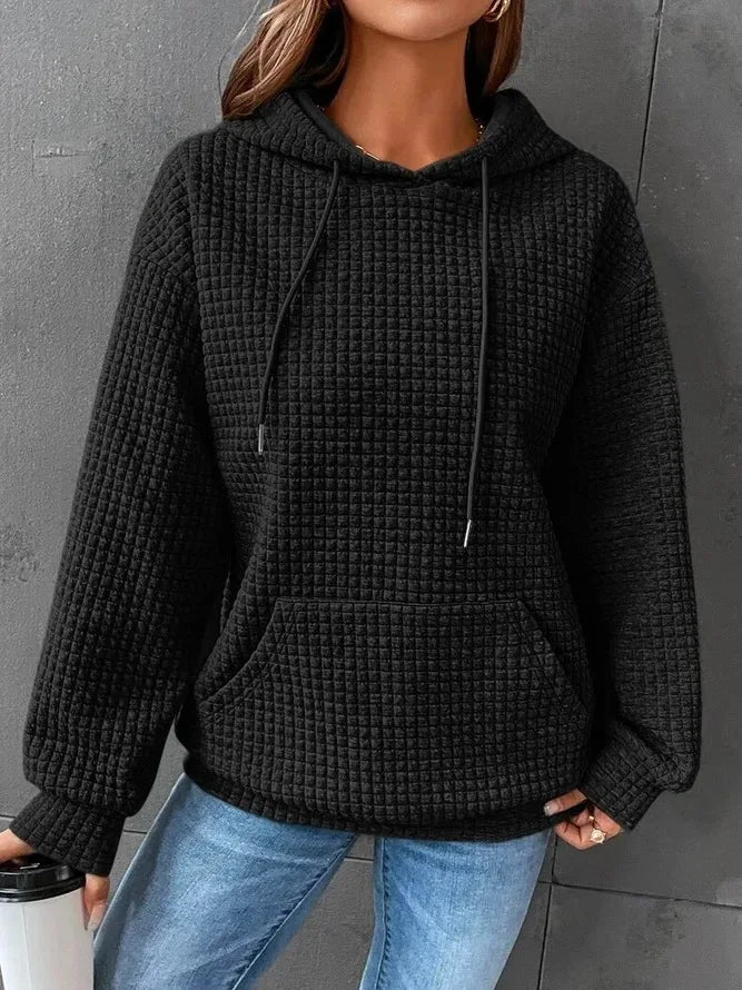 Women’s Oversized Waffle Sweatshirt with Drawstring Hood – Comfort Meets Style