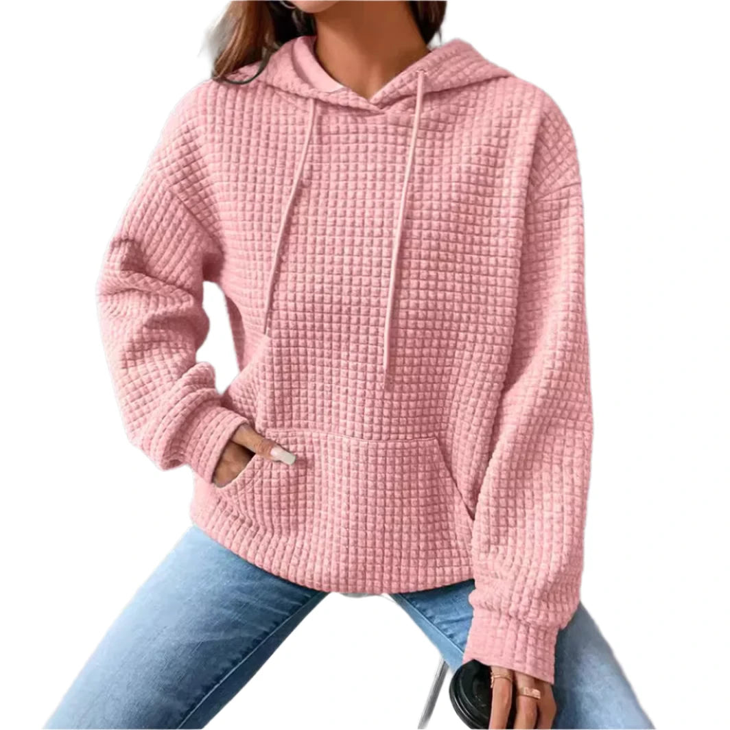 Women’s Oversized Waffle Sweatshirt with Drawstring Hood – Comfort Meets Style