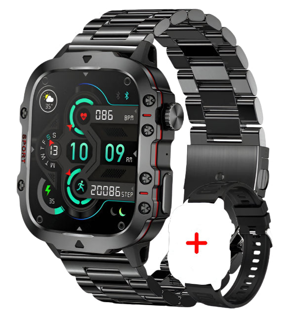 Rugged Military Smartwatch – Large Display, AI Voice, and Bluetooth Calling
