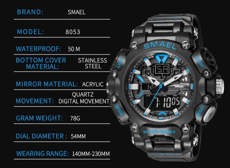 SMAEL Sports Watch – Waterproof, Digital & Analog Dual Display