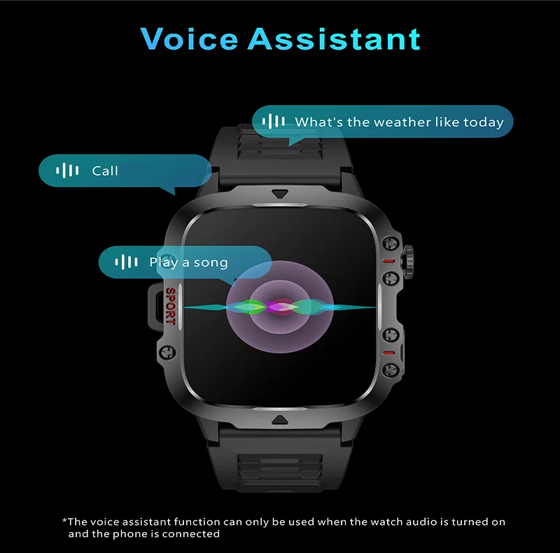 Rugged Military Smartwatch – Large Display, AI Voice, and Bluetooth Calling