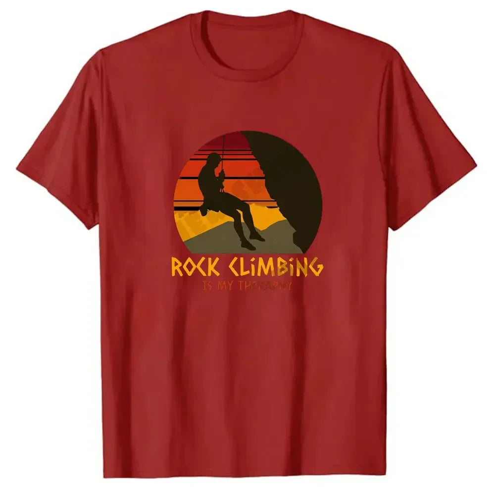 "Rock Climbing Is My Therapy" T-Shirt – Colorful Printed Top for Adventure Seekers