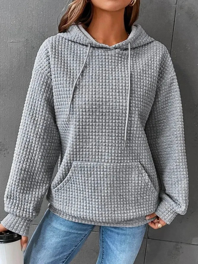 Women’s Oversized Waffle Sweatshirt with Drawstring Hood – Comfort Meets Style