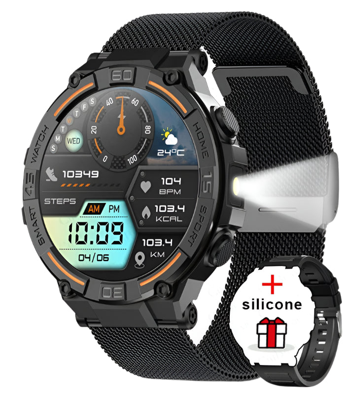 Outdoor Military Rugged Smartwatch – GPS, Bluetooth Calls & Fitness Tracking