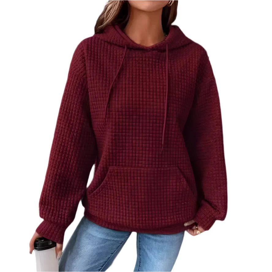 Women’s Oversized Waffle Sweatshirt with Drawstring Hood – Comfort Meets Style