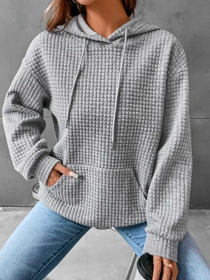 Women’s Oversized Waffle Sweatshirt with Drawstring Hood – Comfort Meets Style