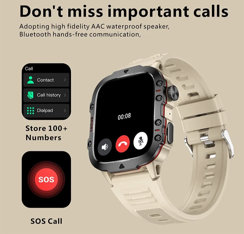 Rugged Military Smartwatch – Large Display, AI Voice, and Bluetooth Calling