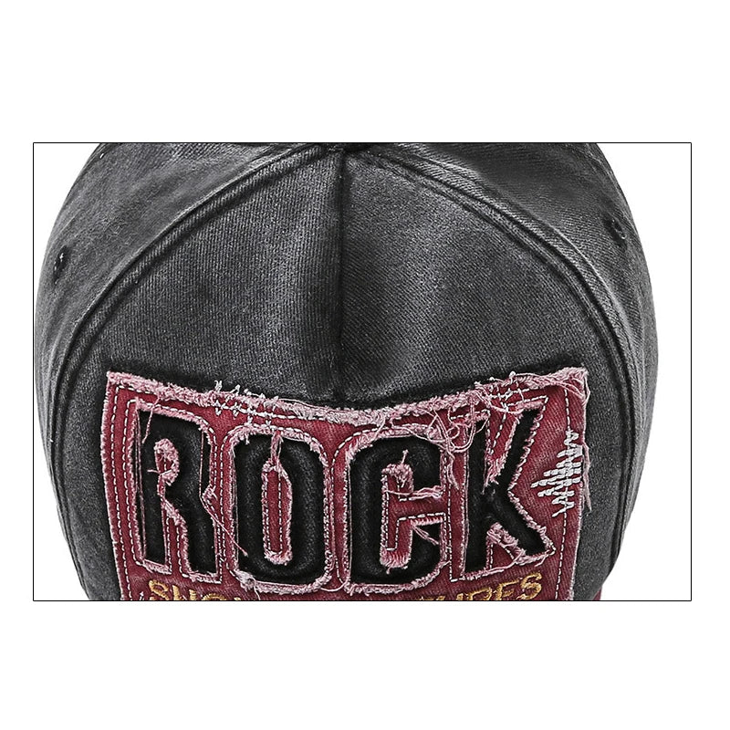 ROCK Letters Embroidered Baseball Cap – Distressed Cotton Adjustable Hat