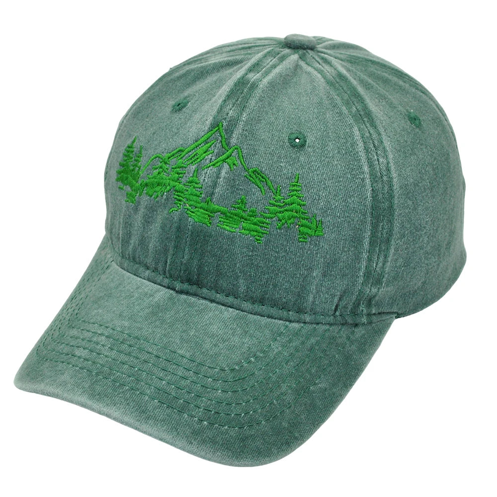 Unisex Mountain Trees Baseball Cap – Cotton Embroidered Outdoor Hat