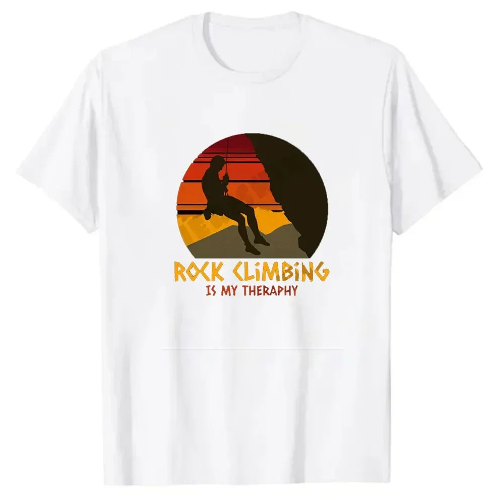 "Rock Climbing Is My Therapy" T-Shirt – Colorful Printed Top for Adventure Seekers
