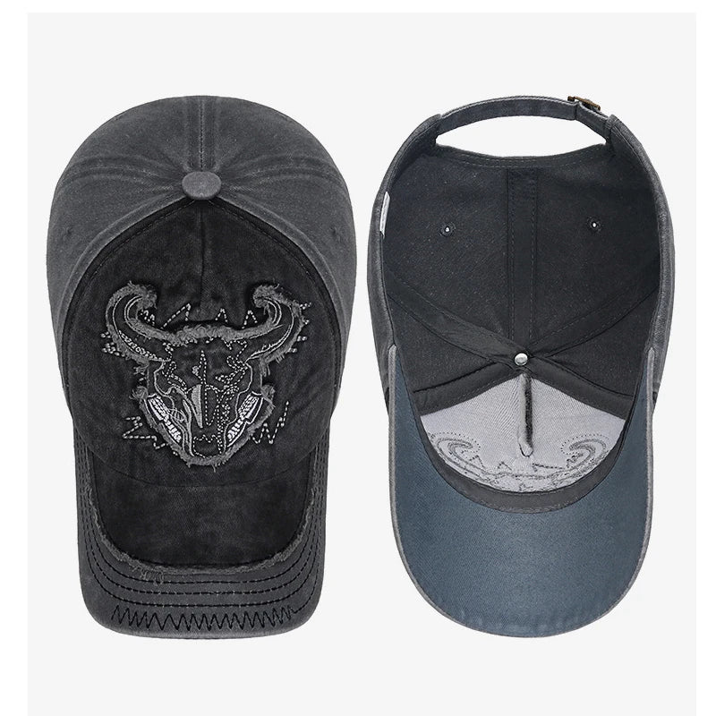 Bull Head Embroidered Distressed Baseball Cap – Unisex, Adjustable Style