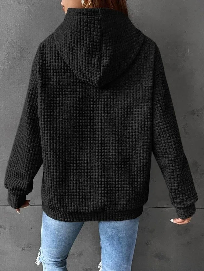 Women’s Oversized Waffle Sweatshirt with Drawstring Hood – Comfort Meets Style