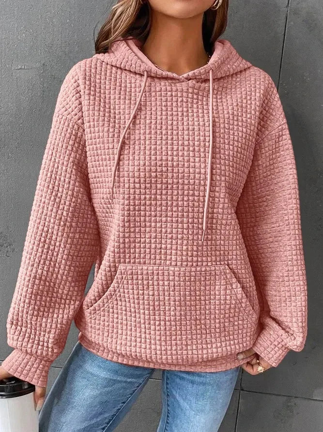 Women’s Oversized Waffle Sweatshirt with Drawstring Hood – Comfort Meets Style
