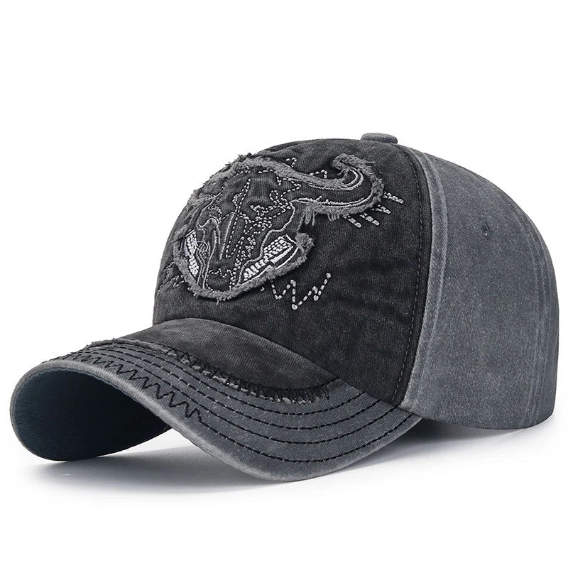 Bull Head Embroidered Distressed Baseball Cap – Unisex, Adjustable Style
