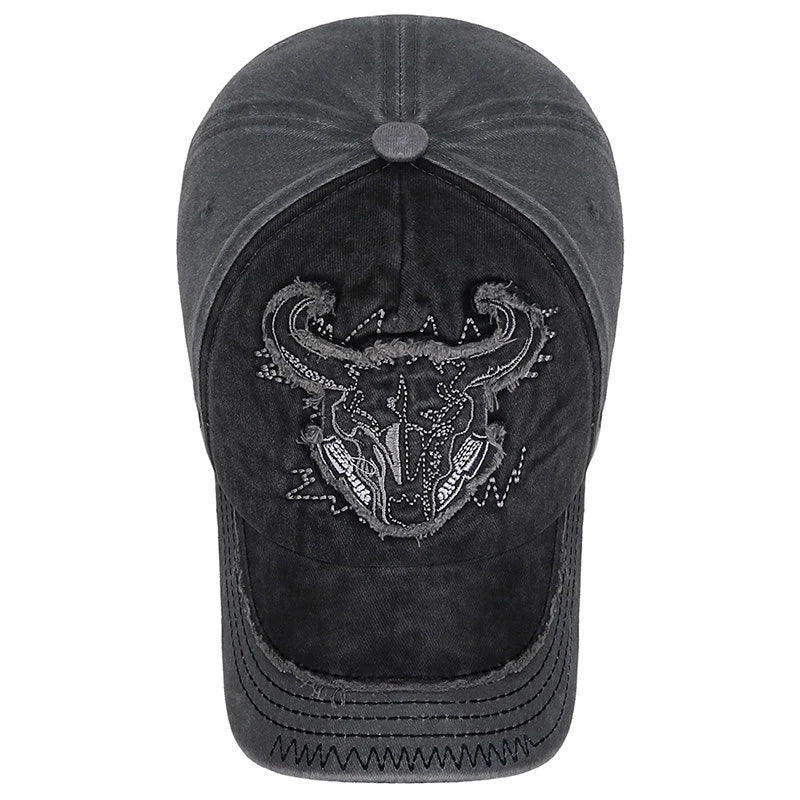 Bull Head Embroidered Distressed Baseball Cap – Unisex, Adjustable Style