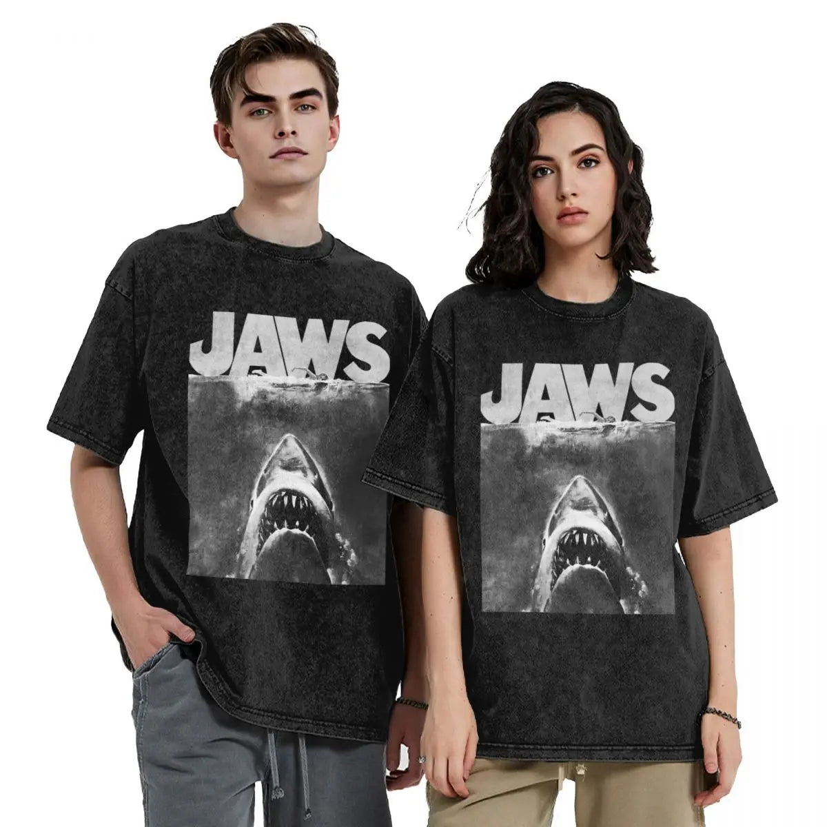 Vintage 'Worn Look' Jaws Classic T-Shirt – Timeless Black & White