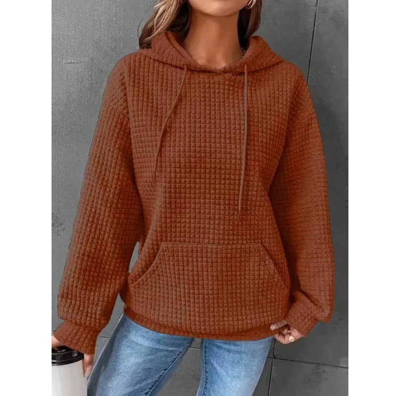 Women’s Oversized Waffle Sweatshirt with Drawstring Hood – Comfort Meets Style