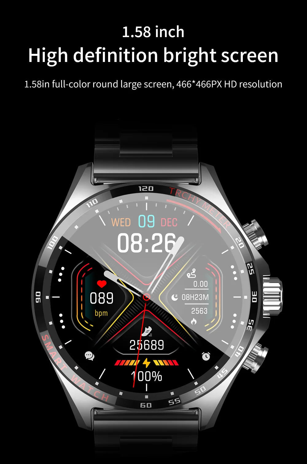 Stainless Steel Smartwatch: 1.58'' Display, Bluetooth Calling, Wireless Charging