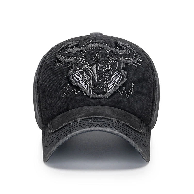 Bull Head Embroidered Distressed Baseball Cap – Unisex, Adjustable Style