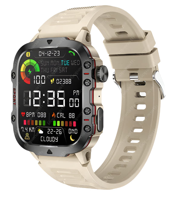 Rugged Military Smartwatch – Large Display, AI Voice, and Bluetooth Calling