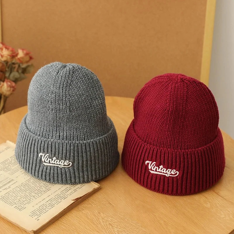 Winter Embroidery Knitted Cap – Cozy & Versatile Wool Beanie with Ear Protection