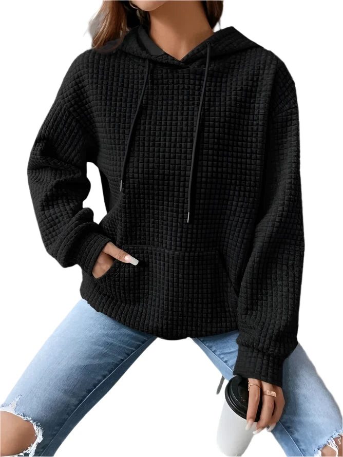 Women’s Oversized Waffle Sweatshirt with Drawstring Hood – Comfort Meets Style
