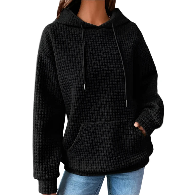 Women’s Oversized Waffle Sweatshirt with Drawstring Hood – Comfort Meets Style