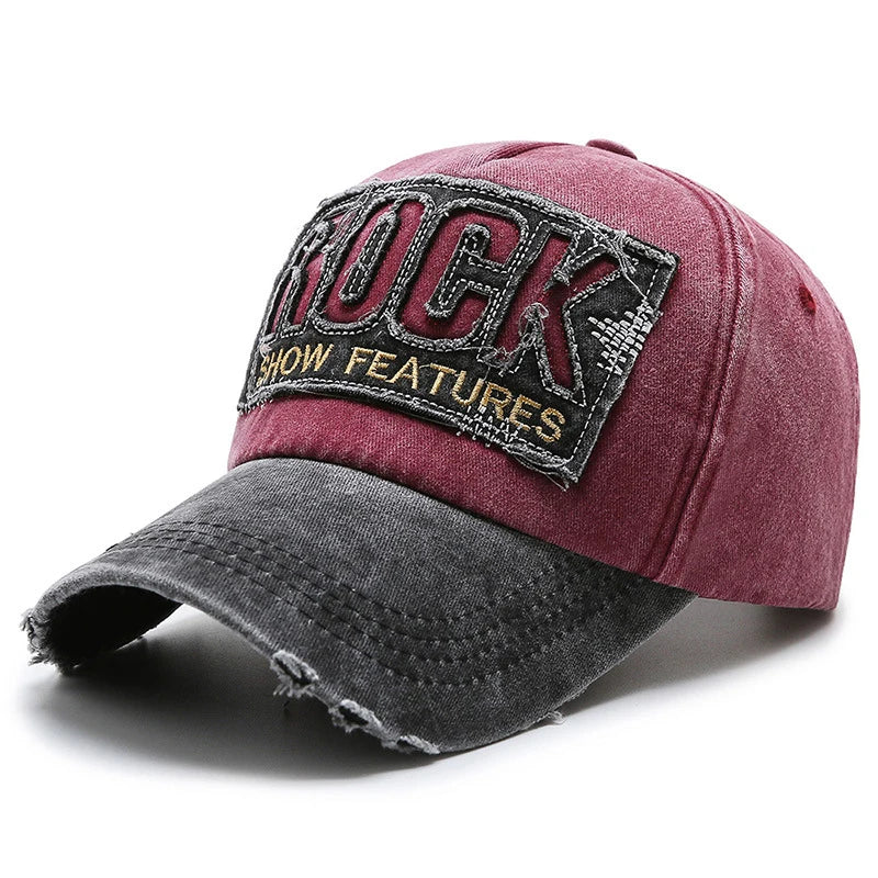 ROCK Letters Embroidered Baseball Cap – Distressed Cotton Adjustable Hat