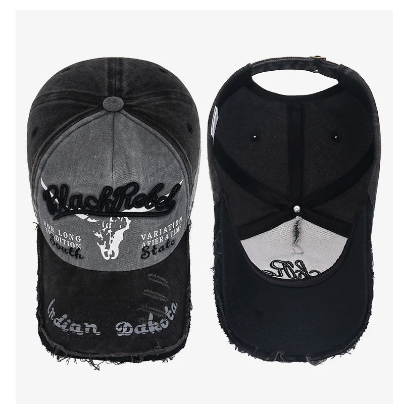 Unisex Three-Dimensional Embroidered Baseball Cap – Distressed Denim Two-Tone Cotton Adjustable Hat