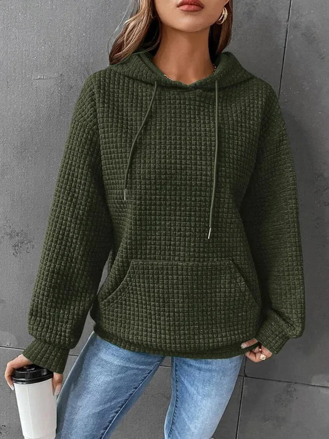 Women’s Oversized Waffle Sweatshirt with Drawstring Hood – Comfort Meets Style