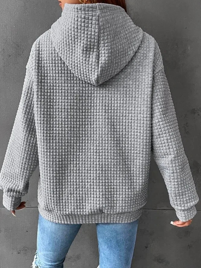 Women’s Oversized Waffle Sweatshirt with Drawstring Hood – Comfort Meets Style