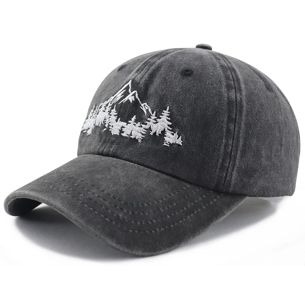 Unisex Mountain Trees Baseball Cap – Cotton Embroidered Outdoor Hat