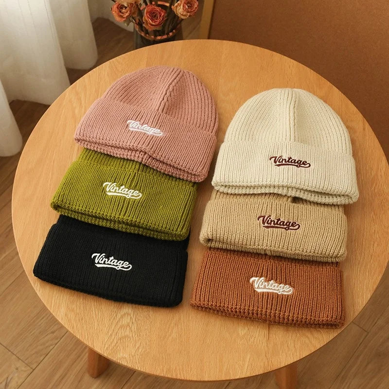 Winter Embroidery Knitted Cap – Cozy & Versatile Wool Beanie with Ear Protection