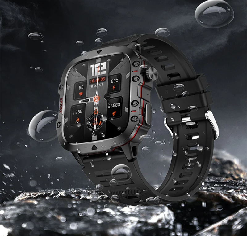 Rugged Military Smartwatch – Large Display, AI Voice, and Bluetooth Calling