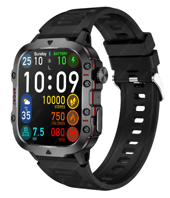 Rugged Military Smartwatch – Large Display, AI Voice, and Bluetooth Calling