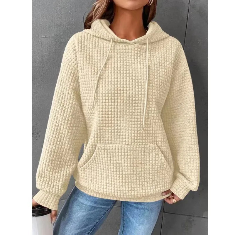 Women’s Oversized Waffle Sweatshirt with Drawstring Hood – Comfort Meets Style