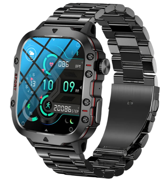 Rugged Military Smartwatch – Large Display, AI Voice, and Bluetooth Calling