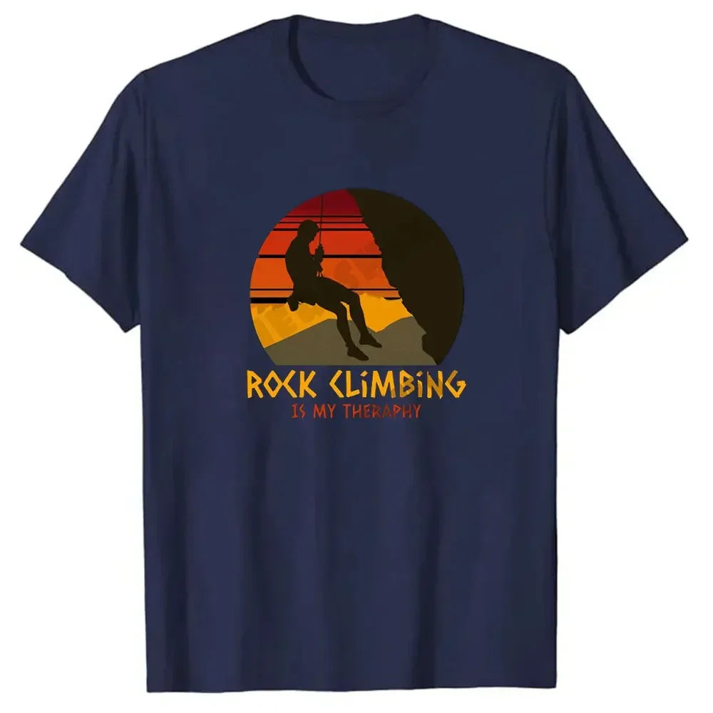 "Rock Climbing Is My Therapy" T-Shirt – Colorful Printed Top for Adventure Seekers
