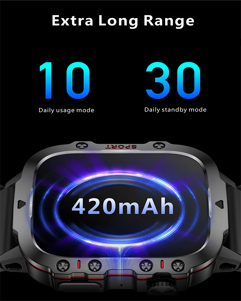 Rugged Military Smartwatch – Large Display, AI Voice, and Bluetooth Calling