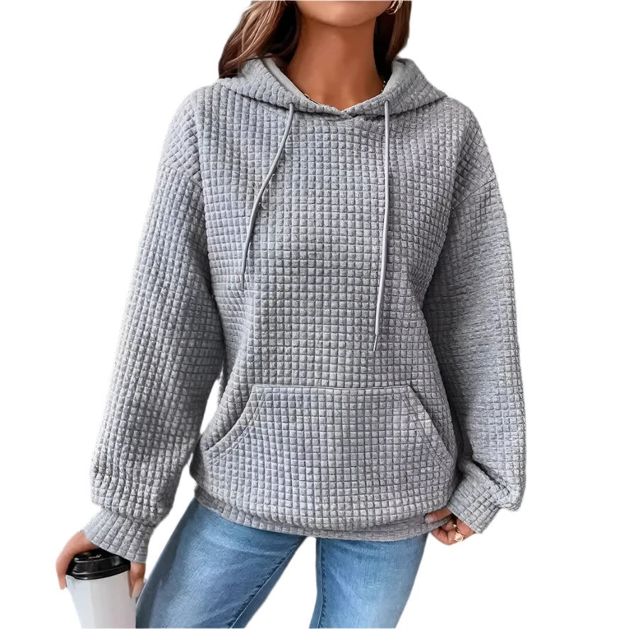 Women’s Oversized Waffle Sweatshirt with Drawstring Hood – Comfort Meets Style