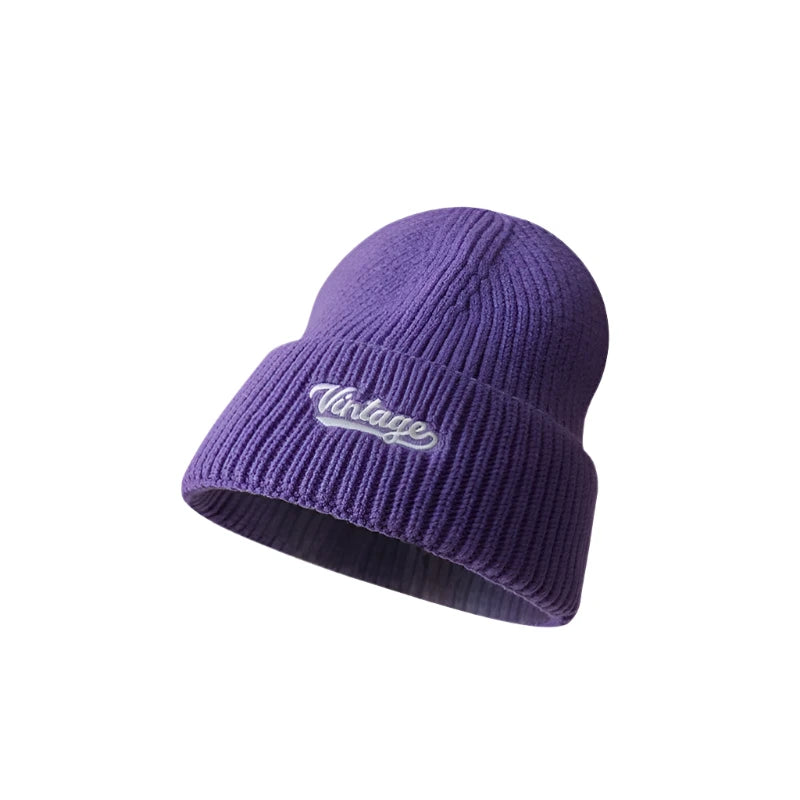 Winter Embroidery Knitted Cap – Cozy & Versatile Wool Beanie with Ear Protection