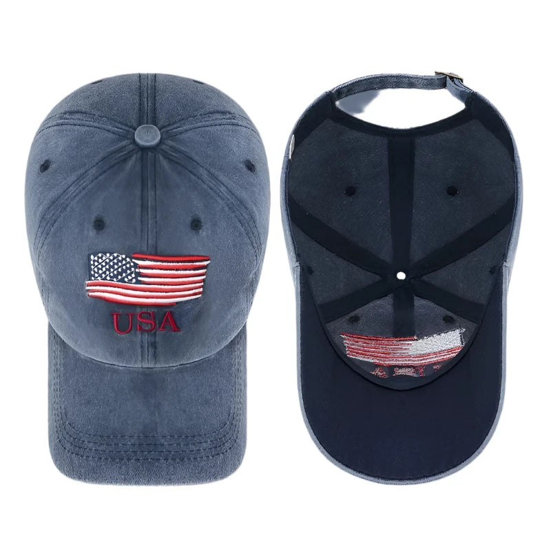 Unisex USA Embroidered Distressed Denim Baseball Cap