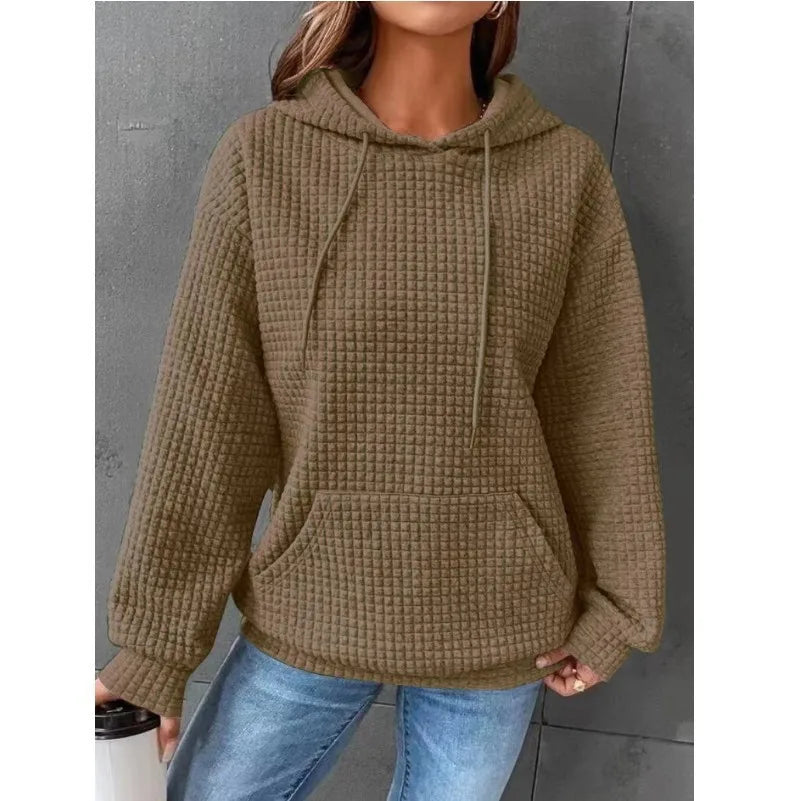 Women’s Oversized Waffle Sweatshirt with Drawstring Hood – Comfort Meets Style