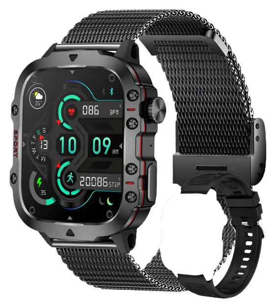 Rugged Military Smartwatch – Large Display, AI Voice, and Bluetooth Calling