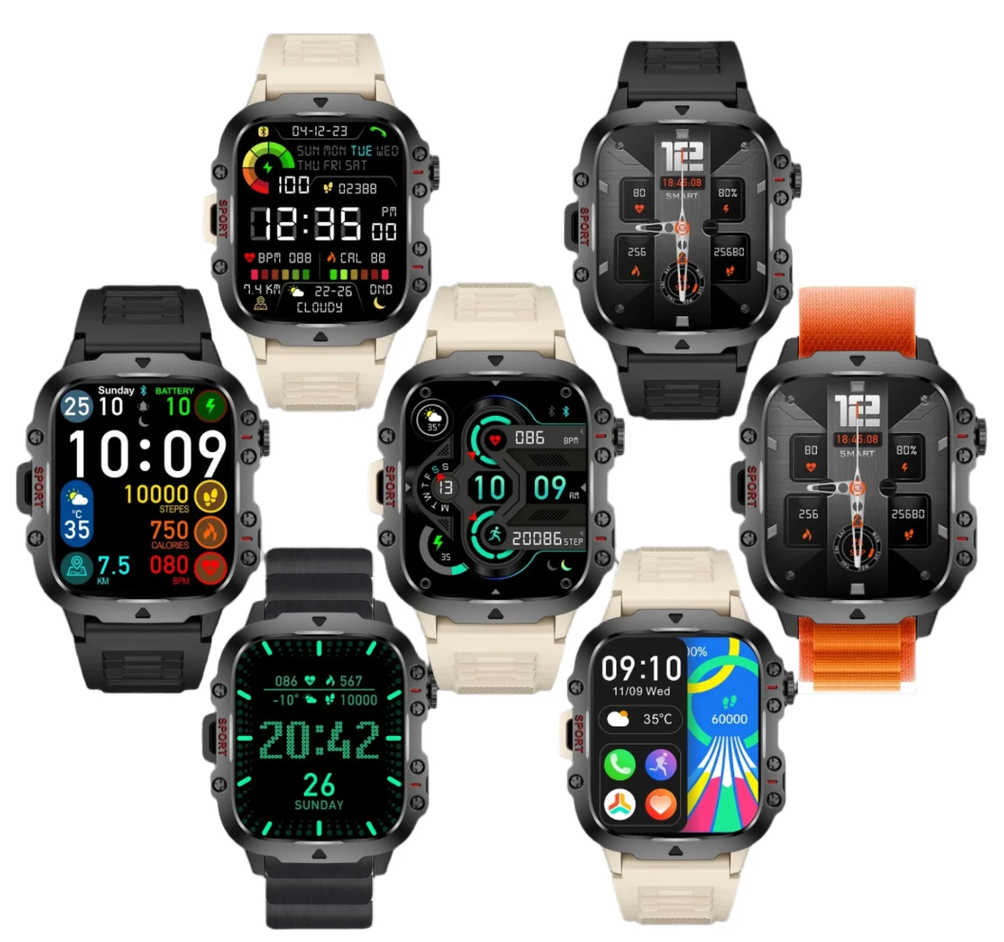 Rugged Military Smartwatch – Large Display, AI Voice, and Bluetooth Calling