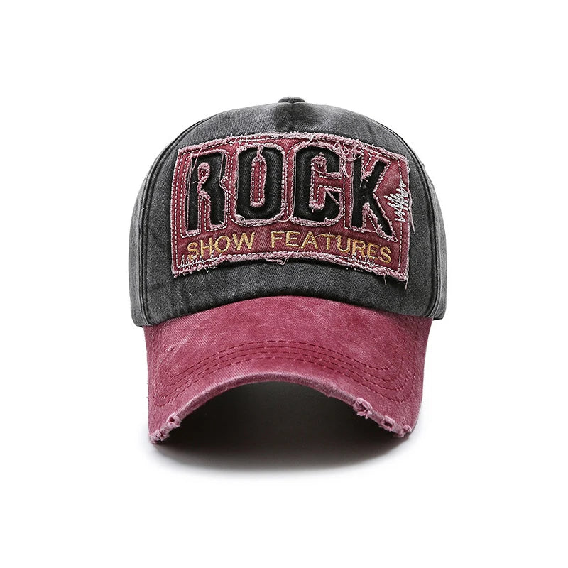 ROCK Letters Embroidered Baseball Cap – Distressed Cotton Adjustable Hat